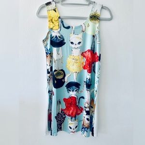NWT SLEEVELESS CASUAL T-SHIRT A-LINE MINI DRESSES CATS PRINT CREWNECK BEACH TANK